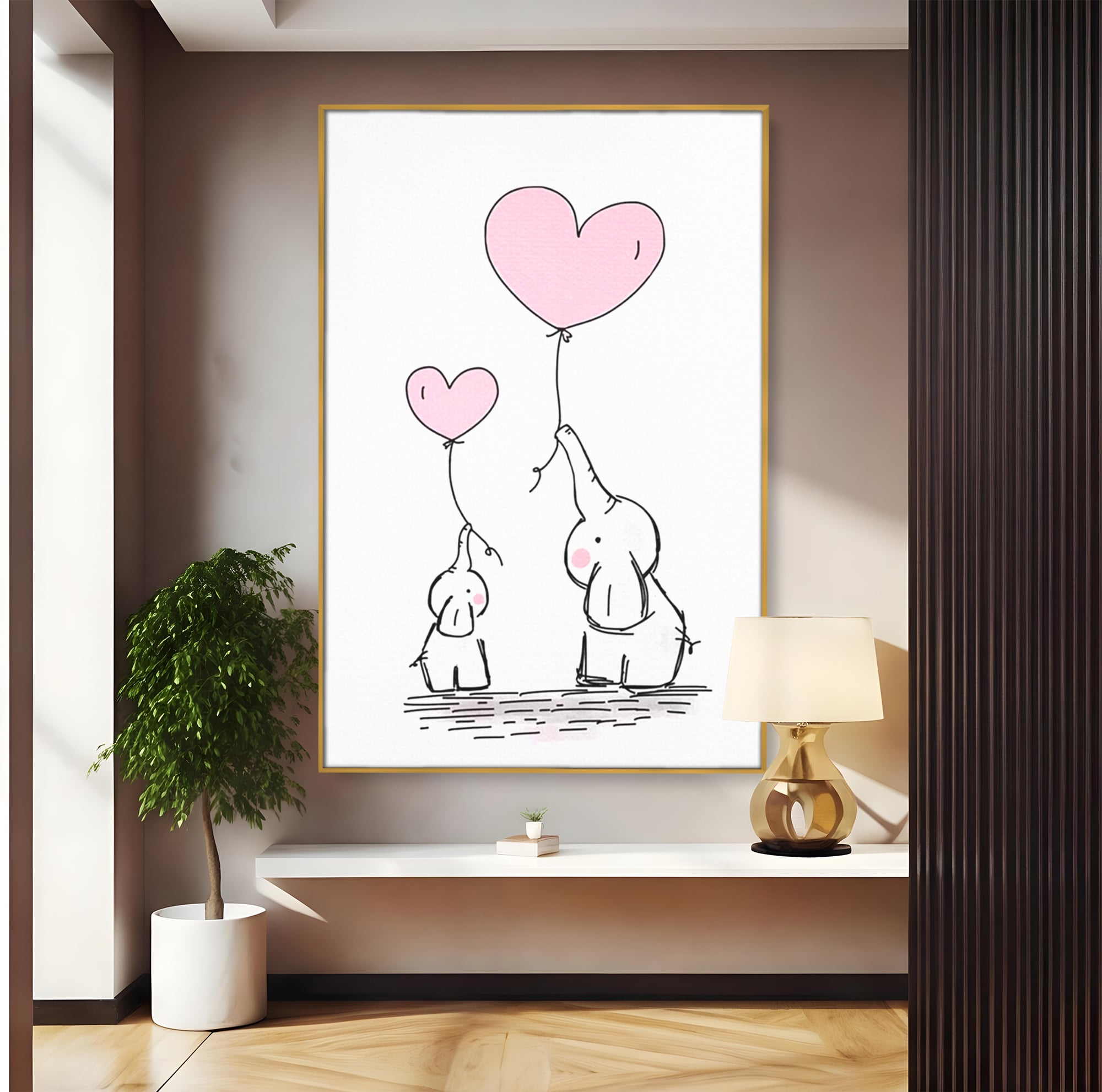 Tablou canvas cu ilustratie cu elefanti si baloane, in rama de aluminiu auriu